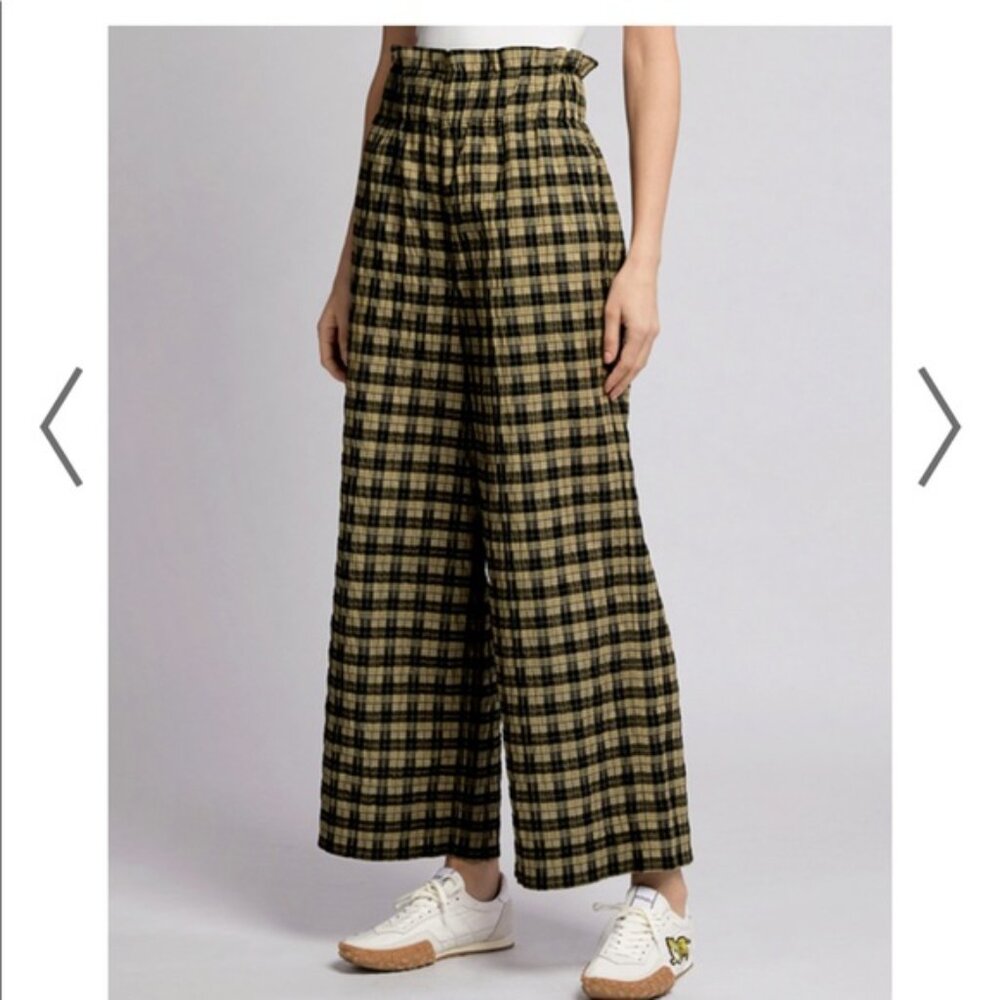 NWT--Ganni Plaid Wide Leg Seersucker Pants in Olive Green & Black Size 34=XS=US2